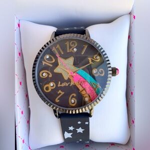 BETSEY JOHNSON Watch Black with Glitter Rainbow Shooting Star